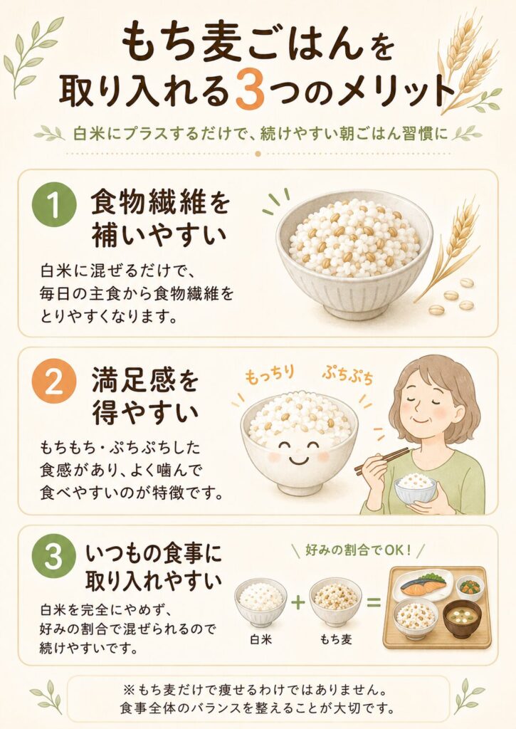 もち麦ごはんを取り入れる3つのメリットの図解