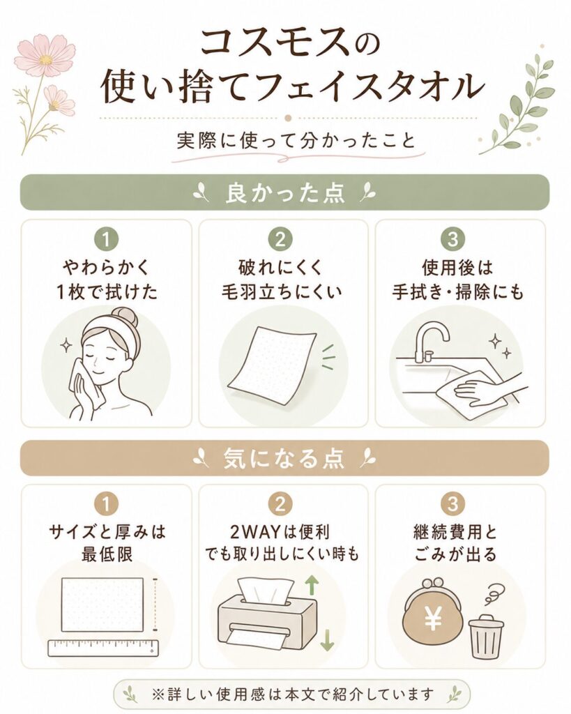 コスモスの使い捨てフェイスタオルを実際に使ってわかったことをまとめた図解