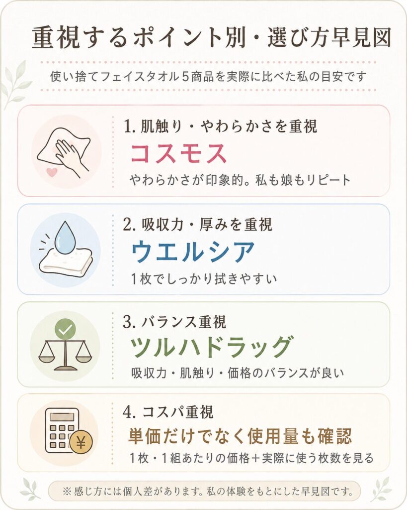 使い捨てフェイスタオル５商品を実際に比べた私の目安の図解