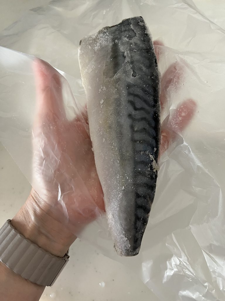 手のひらにのせたサバの写真