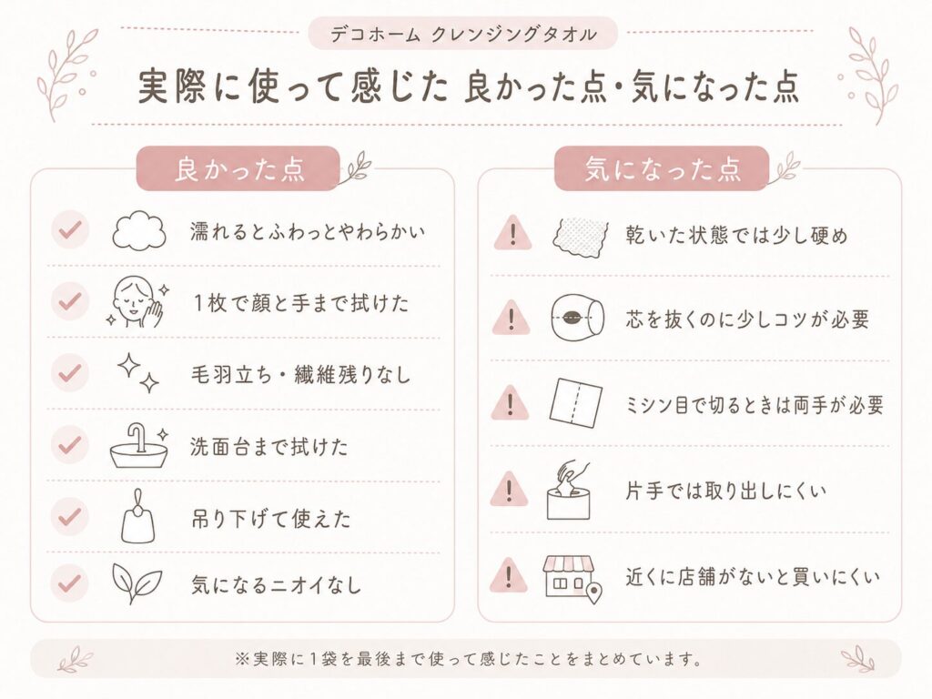 デコホームクレンジングタオル実際に使って感じた良かった点・気になった点の図解
