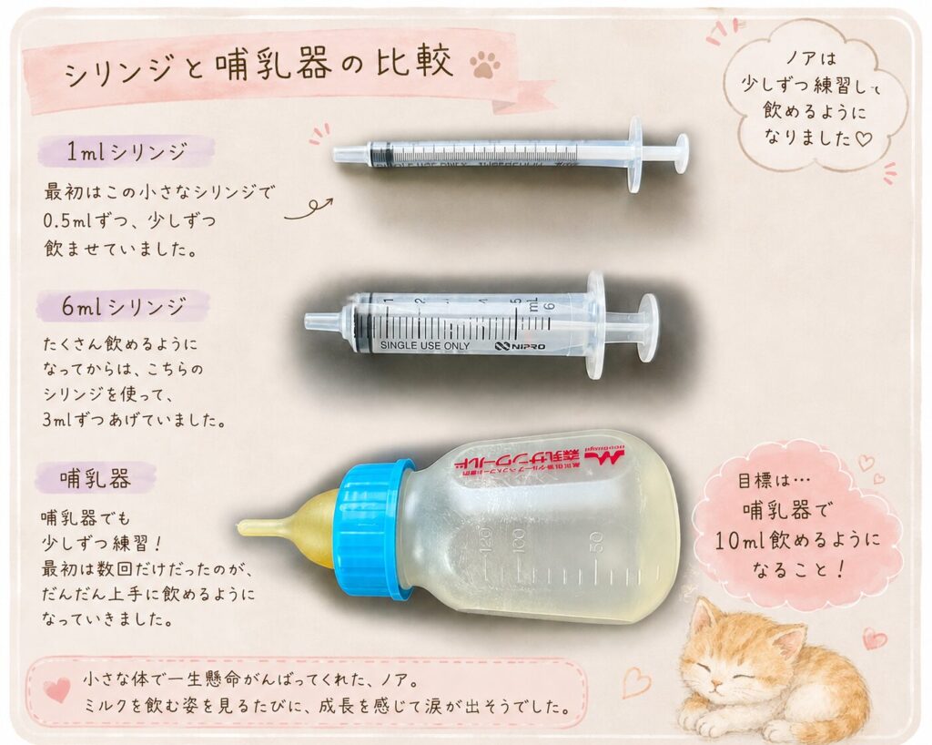 実際に使っていたシリンジと哺乳器の写真を使って量の説明をした画像
