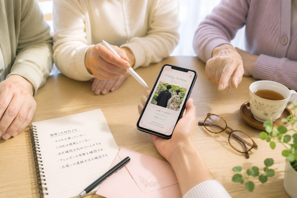 年配の親族へのWEB招待状対応を家族で確認するイメージ