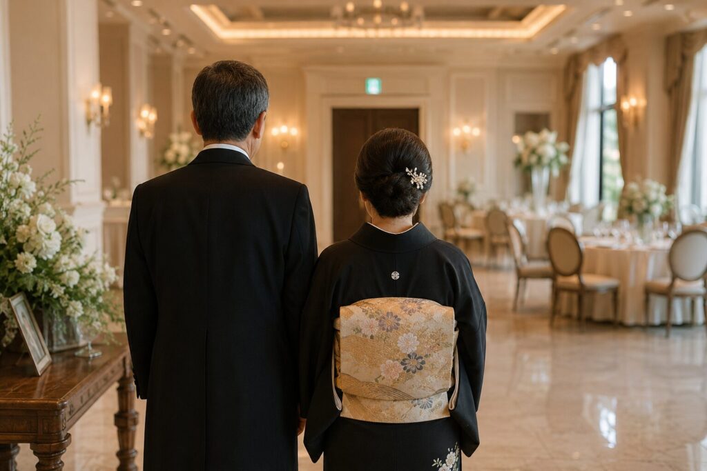 結婚式終了後の夫婦の後ろ姿のイメージ画像