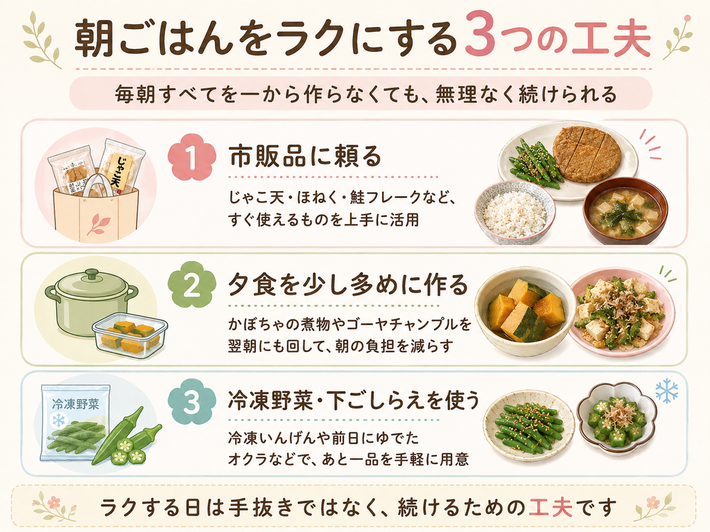 朝ごはんをラクにする3つの工夫の図解