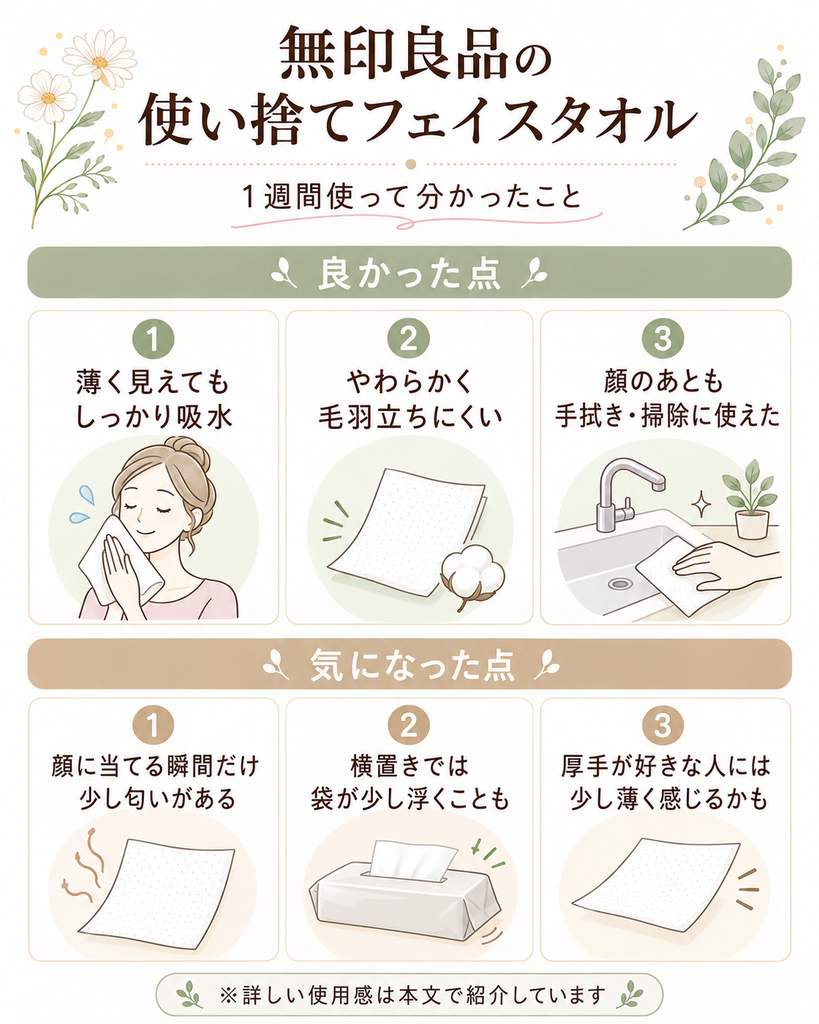無印良品の使い捨てフェイスタオル１週間使ってわかったことの図解