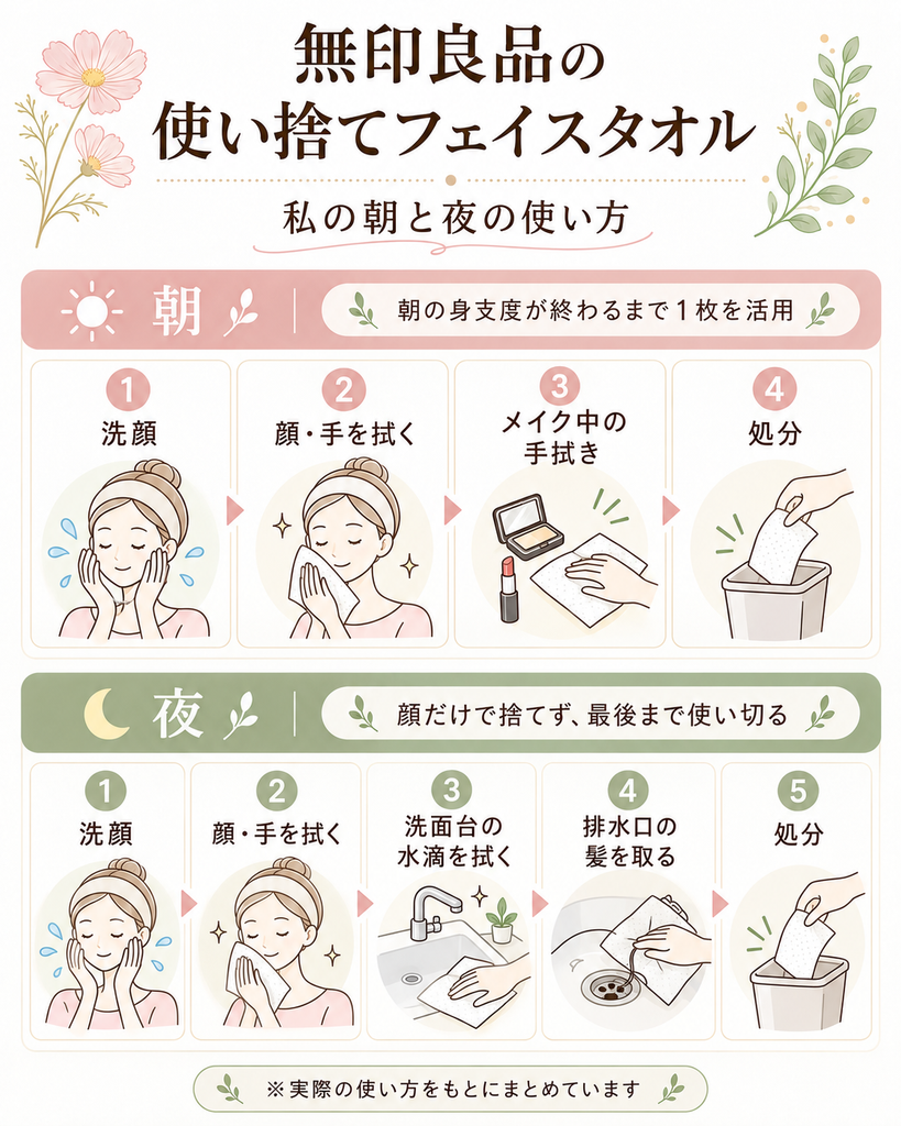 無印良品の使い捨てフェイスタオルの私の朝と夜の使い方の図解